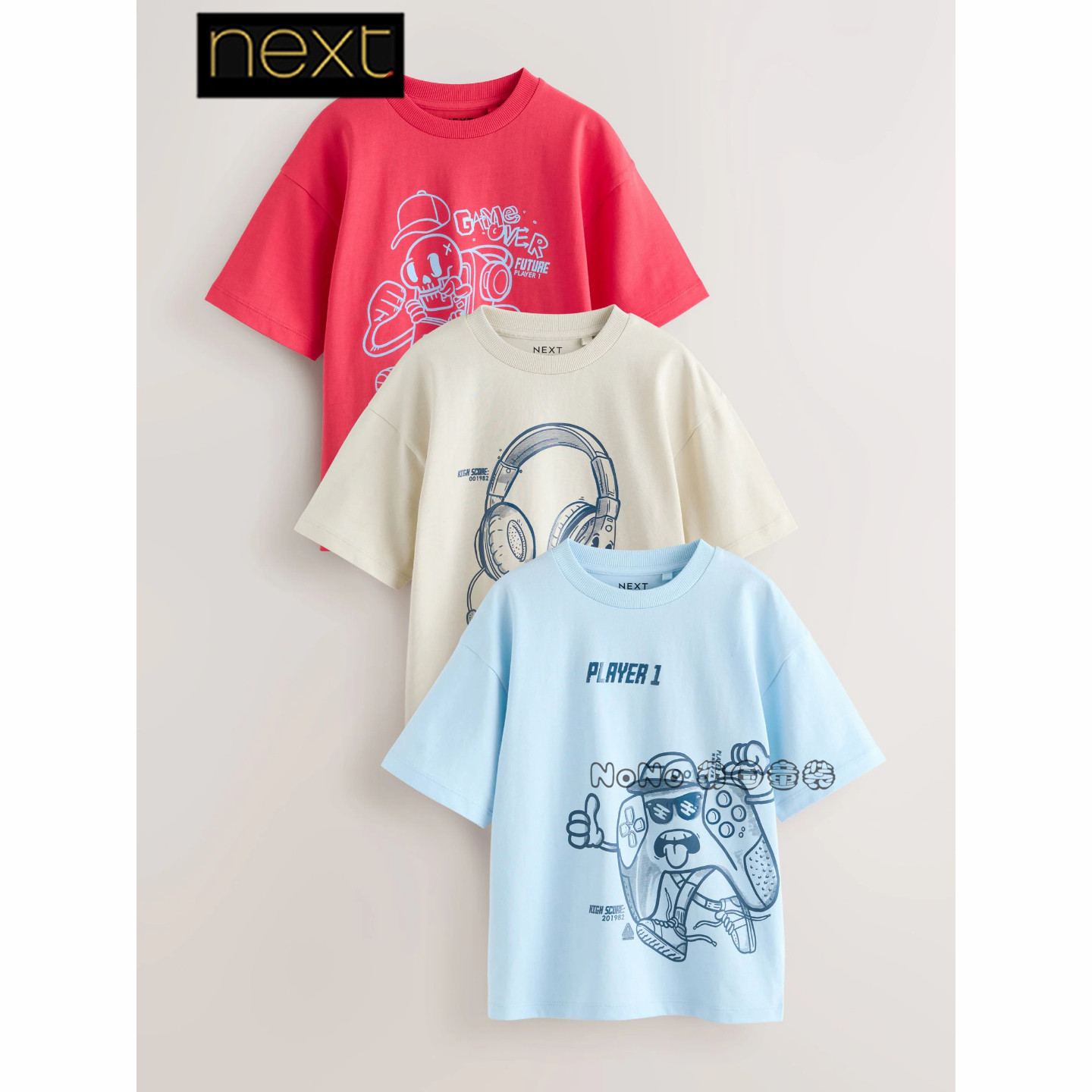 英国Next男大童红蓝色游戏耳机手柄短袖T恤衫纯棉3-16岁W56-190
