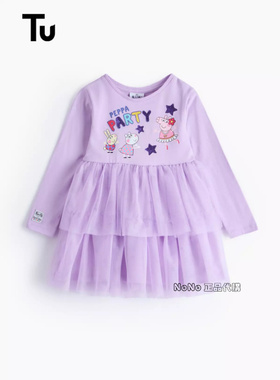 现货英国TU正品女童紫色小猪佩奇小羊苏西网纱长袖连衣裙纯棉