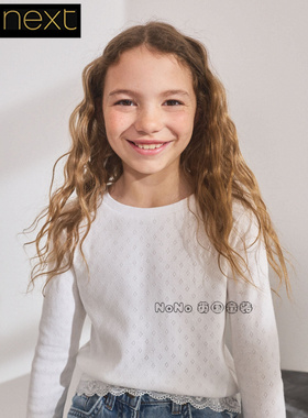 英国Next正品女大童亲子白色爱心透气蕾丝纯棉长袖T恤打底F01-211