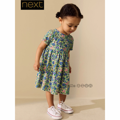 英国Next正品代购女童蓝色小碎花螺纹连衣裙短袖1-7岁新款W97-121