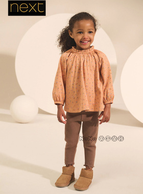 英国Next正品代购女童橙色长袖衬衫小碎花螺纹打底裤套装AP5-626