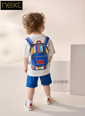 英国Next正品代购男童蓝白色立体包短袖T恤短裤纯棉套装AM3-983