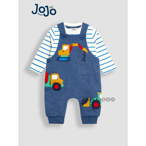 现货英国JOJO Maman Bebe婴儿挖掘机背带裤条T恤全棉套装W31-992