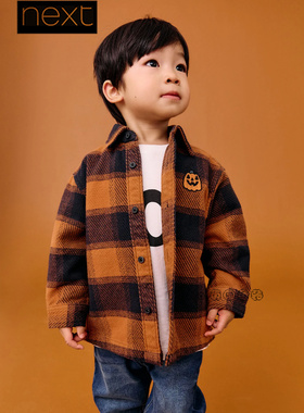 英国Next正品代购男童橙色格子衬衫笑脸短袖T恤纯棉套装F00-513