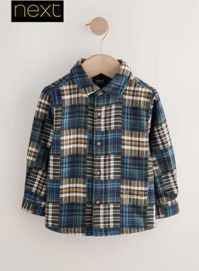 英国Next男童正品代购蓝绿色格子长袖衬衫60棉磨毛1-7岁F31-719