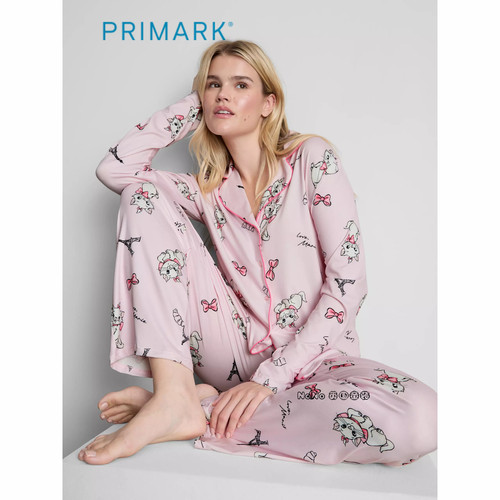 英国Primark女款成人大童粉色marrie玛丽猫长袖家居服睡衣裤新款