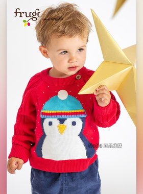 现货英国Frugi有机棉儿童红色新年企鹅卡通针织衫毛衣E74-412