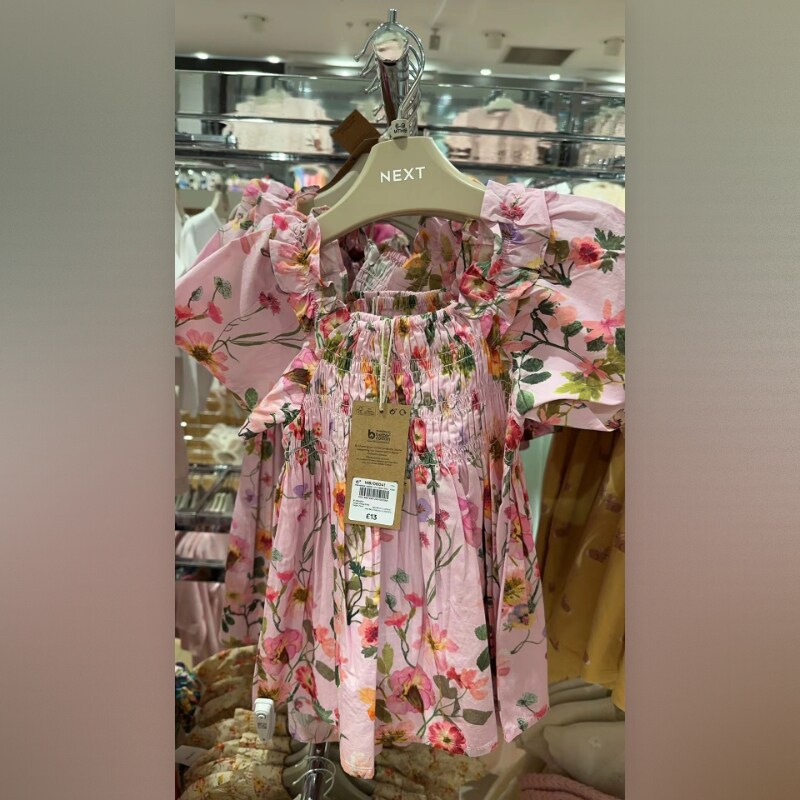 现货英国Next正品女童粉色花朵短袖连衣裙纯棉宽松裙子989-885