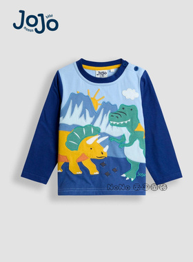 英国Jojo Maman Bebe男童蓝色恐龙贴布长袖T恤纯棉1-7岁F96-738