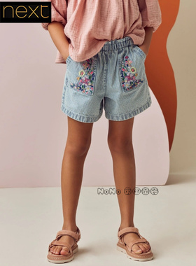 英国Next正品女童大童亲子蓝色牛仔条纹刺绣短裤休闲纯棉E35-577