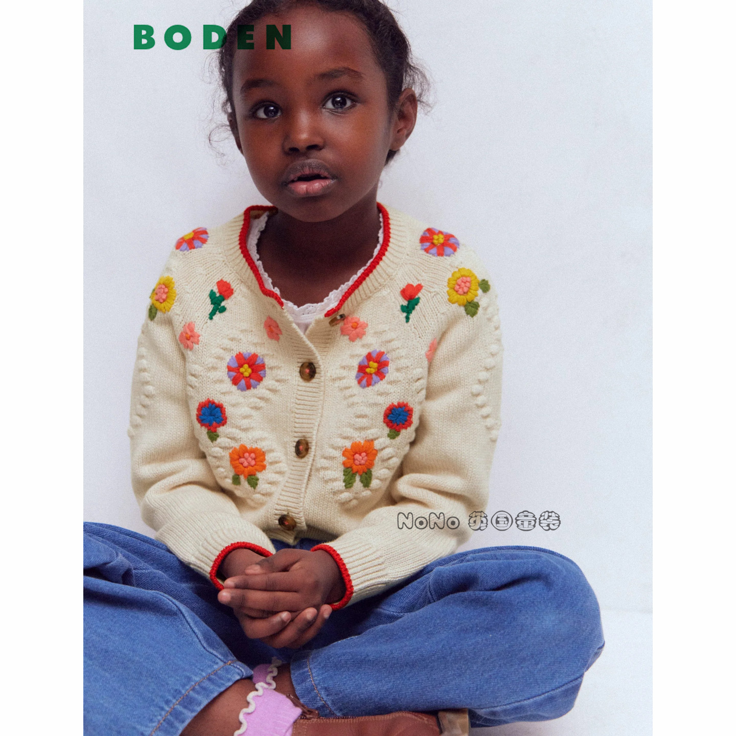 英国Mini BODEN女童乳白色刺绣花毛衣针织开衫全棉2-12岁G5278