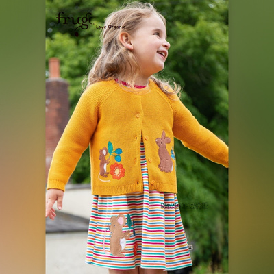 现货英国Frugi有机棉中大童黄色小兔子刺绣老鼠针织衫毛衣开衫