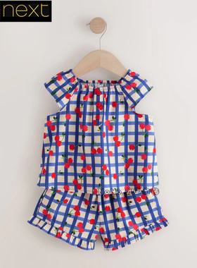 英国Next正品代购女童蓝紫色格子樱桃短袖T恤短裤纯棉套装AC4-613