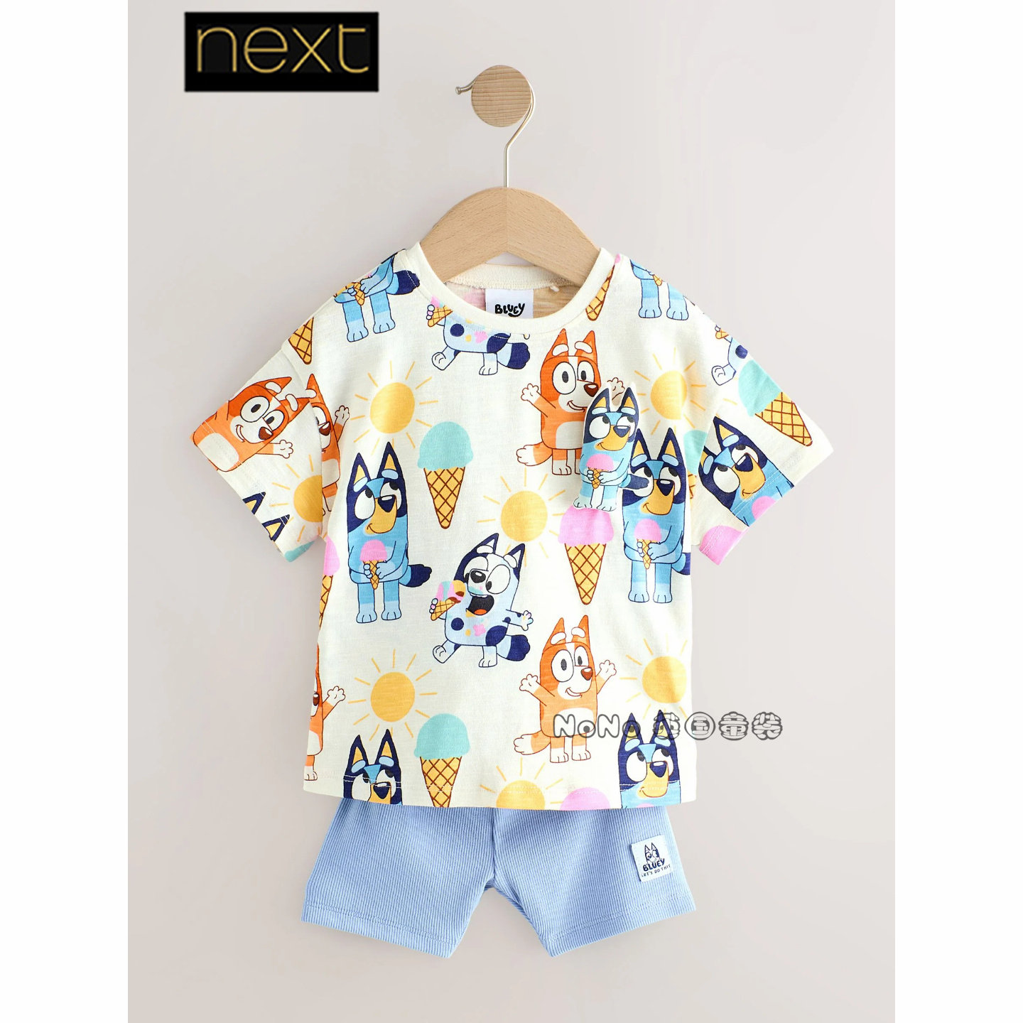 现货英国Next正品女童蓝白色布鲁伊狗短袖T恤短裤纯棉套装AJ2-608