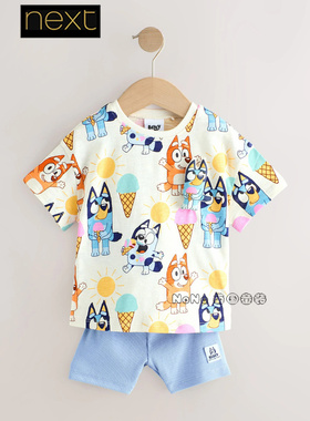 现货英国Next正品女童蓝白色布鲁伊狗短袖T恤短裤纯棉套装AJ2-608
