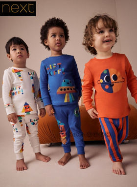 英国Next正品代购男童蓝橙色卡通长袖家居服睡衣秋裤纯棉AC0-923