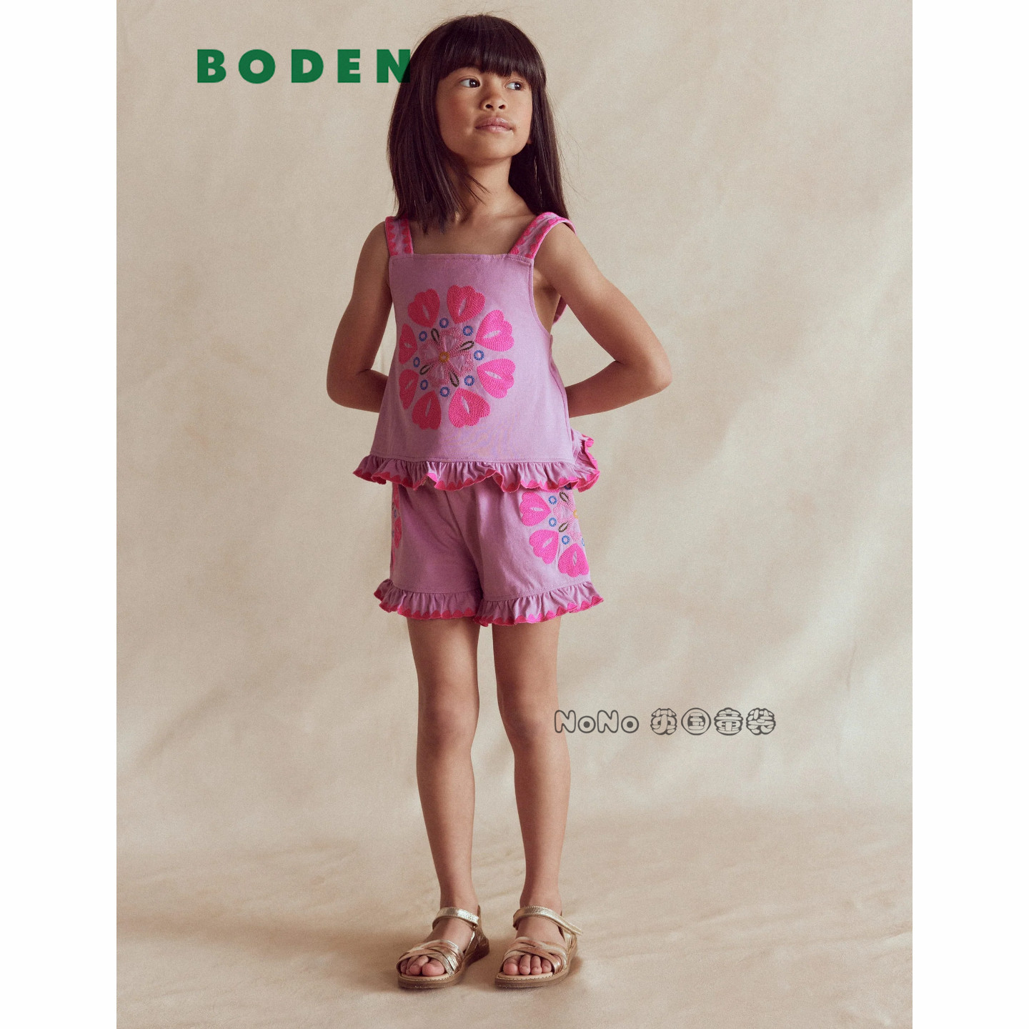 英国Mini BODEN正品女童粉色刺绣吊带T恤全棉短裤2-12岁新款G5975