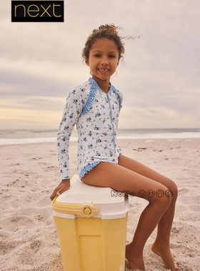 英国Next女大童款长袖防晒泳衣蓝色碎花连体T恤运动SPF50+Y00-351