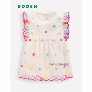 英国Mini BODEN女童白色粉花朵刺绣飞袖T恤全棉2-14岁新款G5932