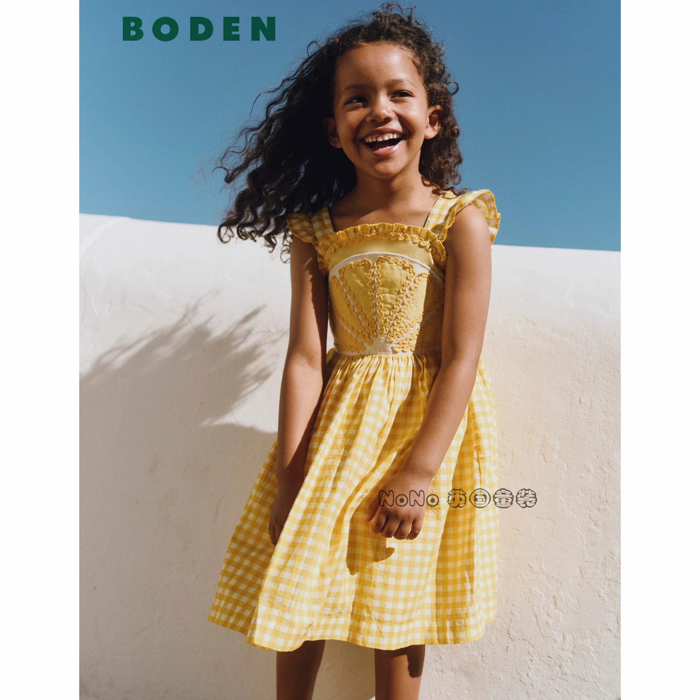 代购英国Mini Boden女童黄色格子柠檬全棉连衣裙新款2-8岁G5805