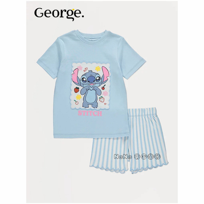 英国乔治George女大童史迪仔奇短袖条纹家居服睡衣裤全棉1395692