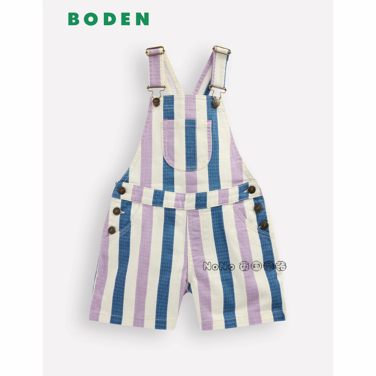 英国Mini Boden女童蓝紫白色条纹背带裤牛仔短裤新款2-14岁G5855