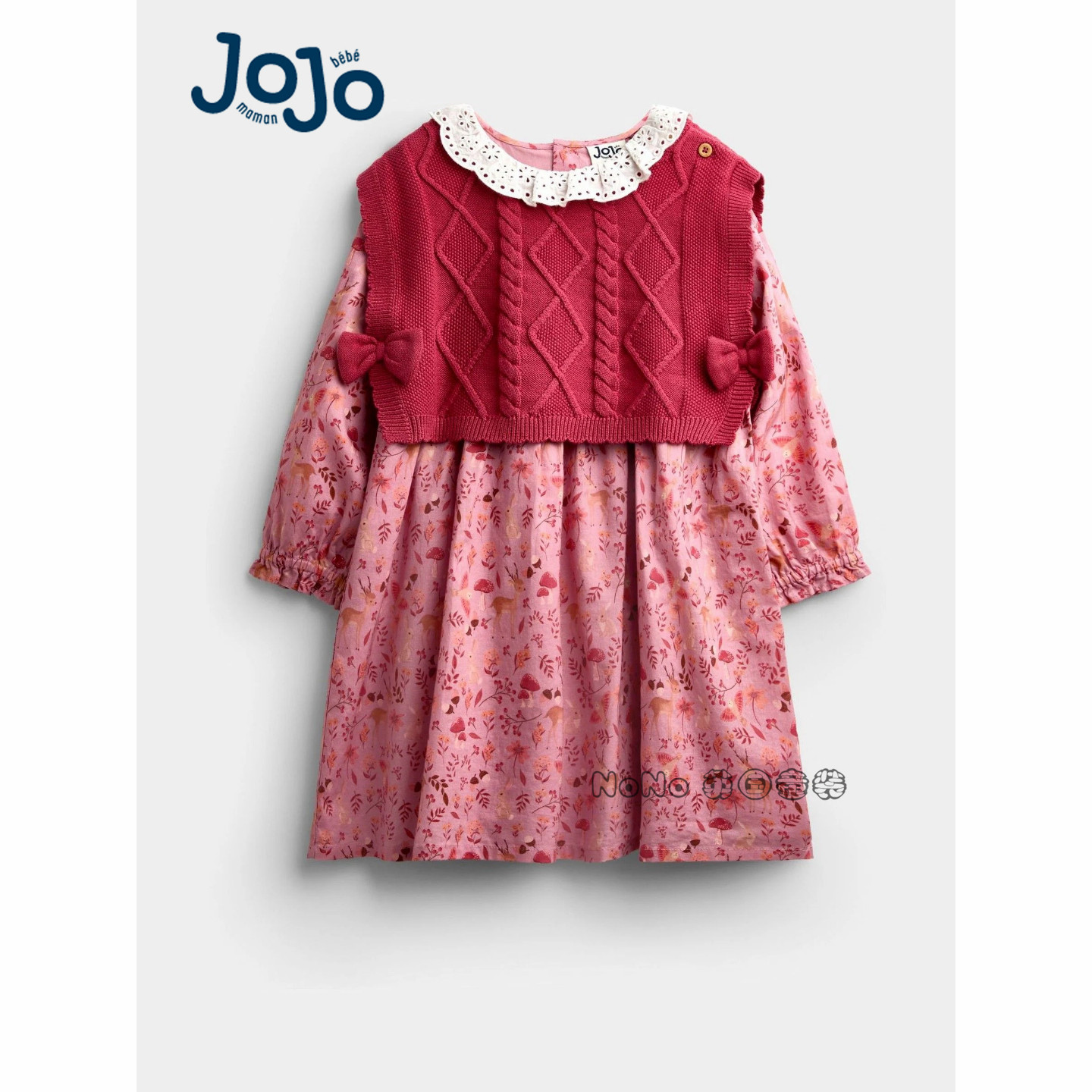 英国JOJO Maman Bebe女童粉色碎花马甲小鹿长袖连衣裙套装Y72-335