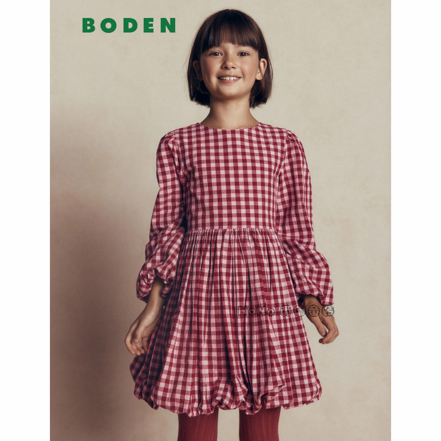 英国Mini Boden女童红色格子新年长袖连衣裙纯棉2-14岁新款G6116
