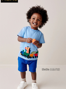 现货英国Next正品男童蓝色动物小火车短袖T恤短裤休闲套装N33-651