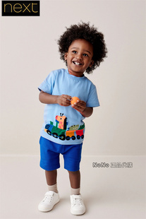 现货英国Next正品男童蓝色动物小火车短袖T恤短裤休闲套装N33-651