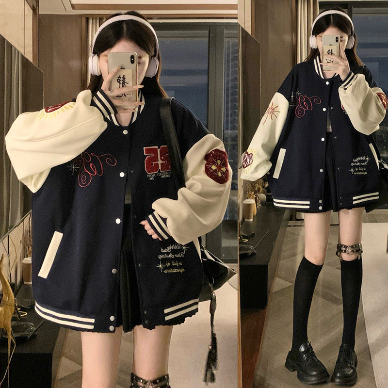 美式复古刺绣棒球服外套女2025春秋新款潮流宽松大码学生百搭夹克