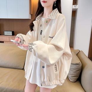 格子拼接刺绣外套女2025春秋新款韩版宽松休闲学生百搭夹克上衣潮