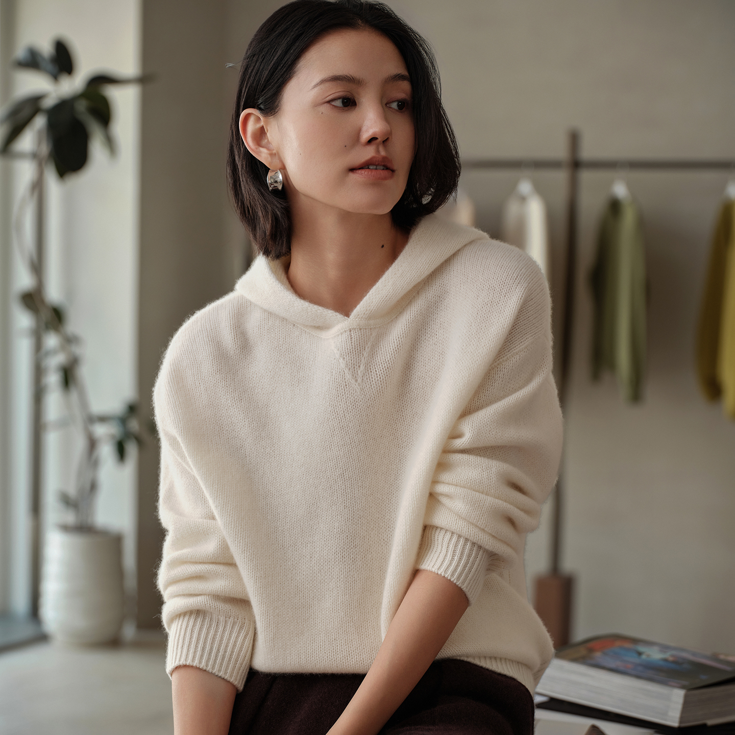 软糯天花板~25秋冬新款女100纯山羊绒针织帽衫宽松连帽加厚卫衣