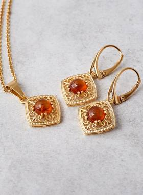 英国纯银琥珀维多利亚风项链耳坠