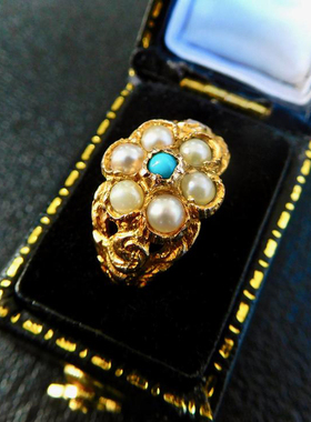 轻奢古董镶嵌珍珠天然绿松石戒指