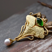 Vintage古董 1960年复古艺术风 18K黄金镶嵌碧玺珍珠花卉胸针吊坠