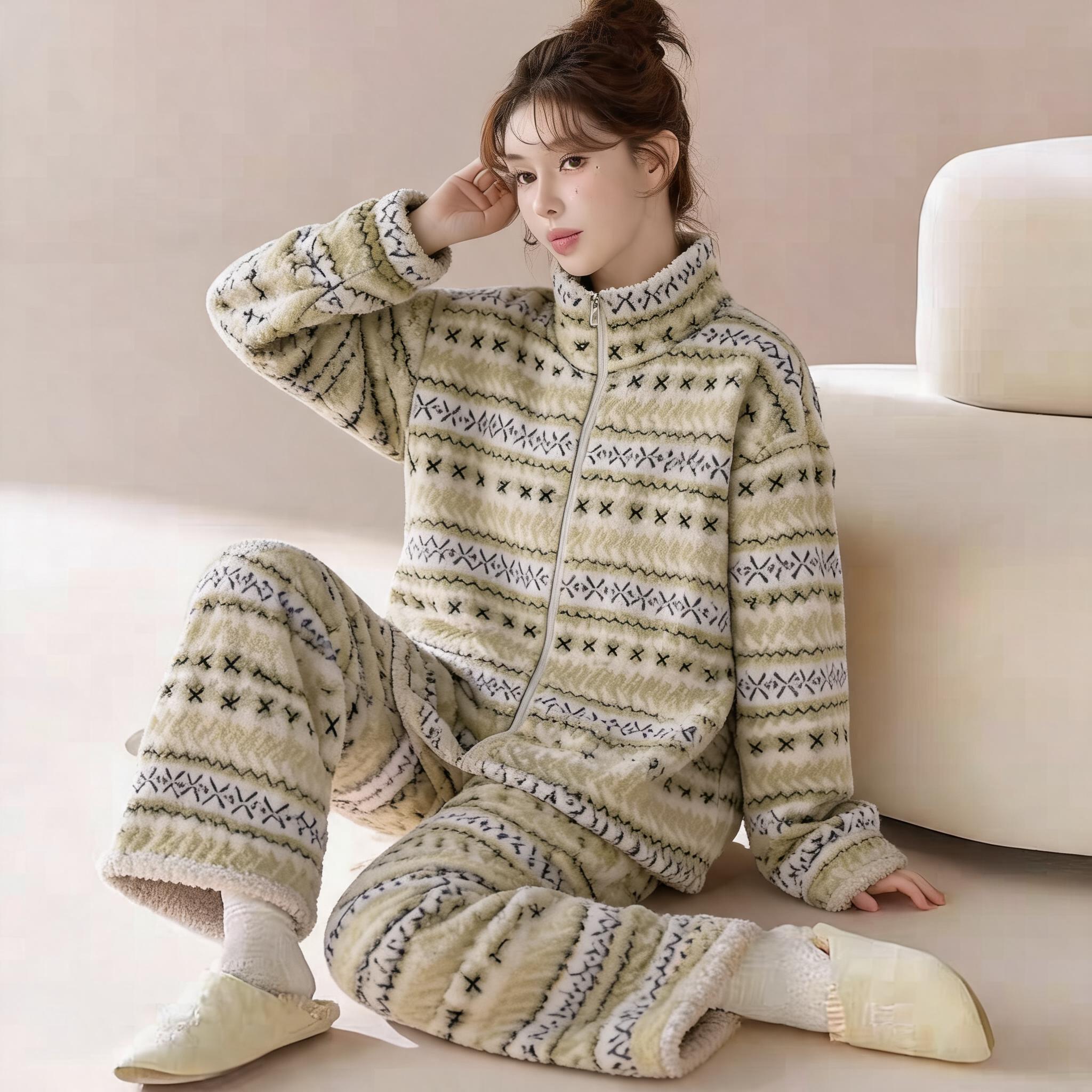费尔岛学生豹纹宿舍珊瑚绒睡衣女加厚保暖拉链可外穿家居服套装