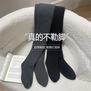 秋冬黑灰色打底裤 袜 女直角跟带脚型不顶不勒脚加绒加厚竖条纹连裤