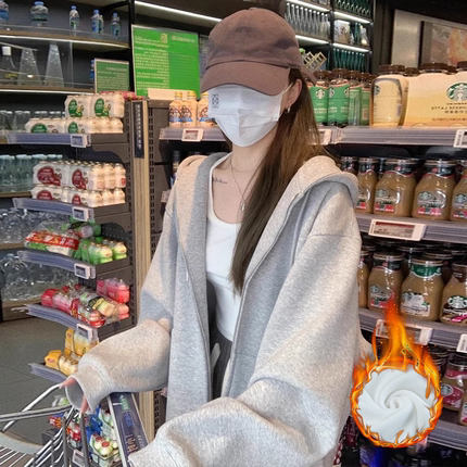 加绒卫衣外套女秋冬2024新款灰色针织小个子开衫连帽上衣