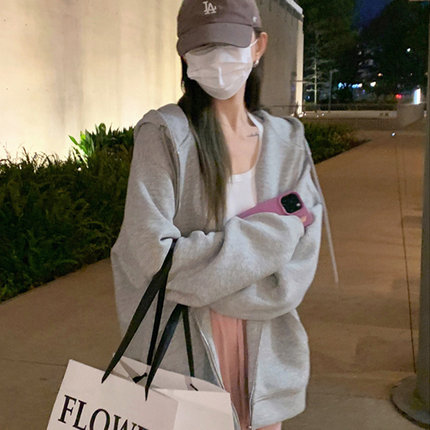 偷偷藏不住同款穿搭慵懒开衫女灰色连帽卫衣女外套高级感