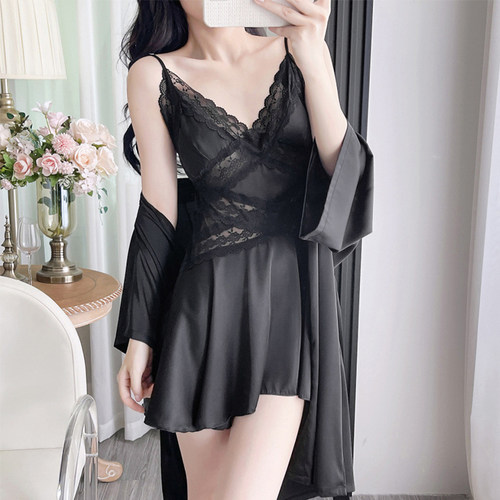 法式冰丝睡衣女春秋季纯欲风高级感蕾丝吊带睡裙睡袍家居服两件套