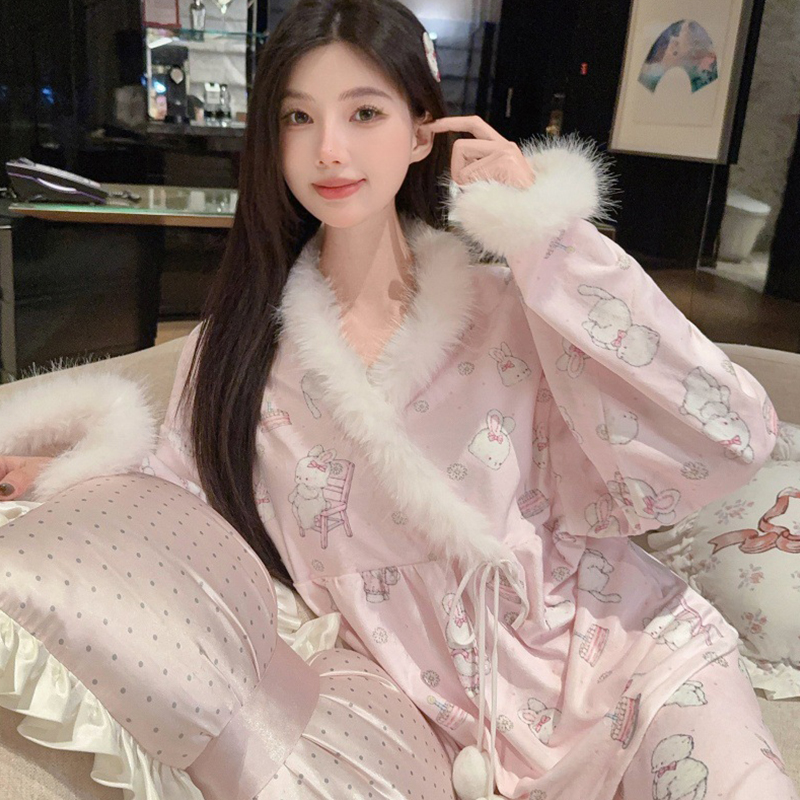 海岛绒睡衣女保暖秋冬季毛绒绒可爱甜美风卡通双面绒可外穿家居服