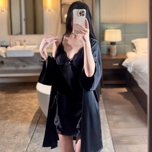 美背诱惑纯欲风吊带睡裙带胸垫睡袍套装 性感睡衣女冰丝春夏季 薄款