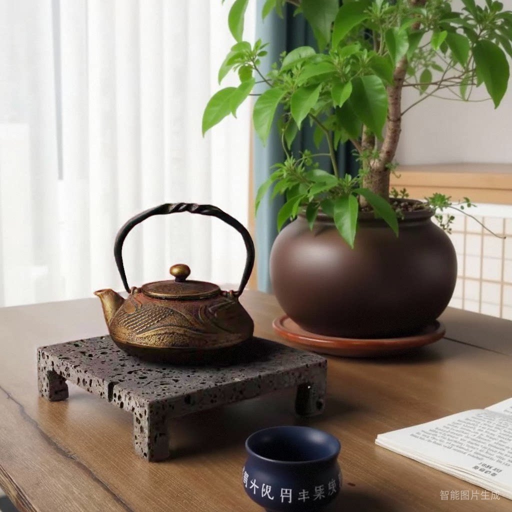 石头底座天然石火山岩耐高温铁壶隔热台花盆石台花几石材壶承石垫