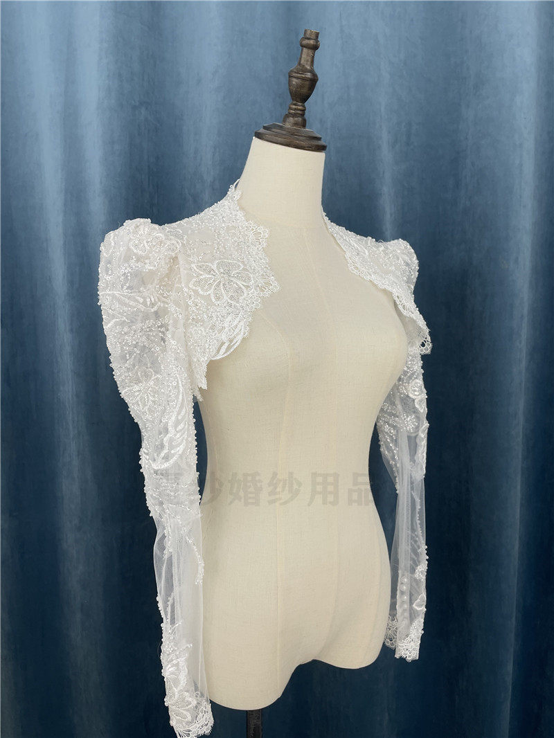 新款婚纱礼服蕾丝抹胸单独白色长袖小披肩外套新娘蕾丝珠片小褂子