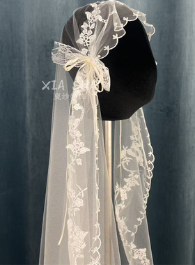 新款梦幻蕾丝高透纱仙气新娘头纱帽纱婚礼白纱影楼旅拍样片配饰