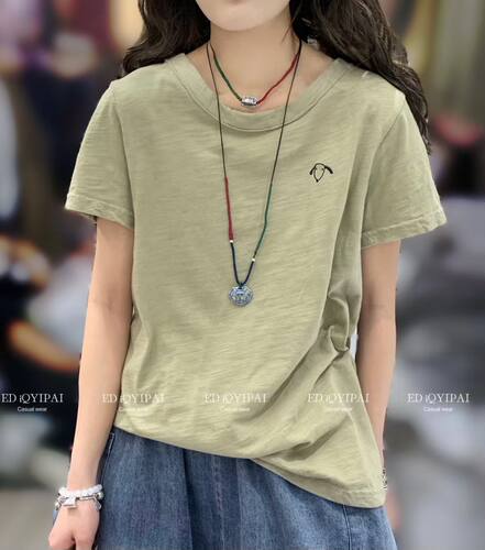 ED新款3467#砂洗做旧竹节棉刺绣短袖简约圆领夏季半袖T恤女