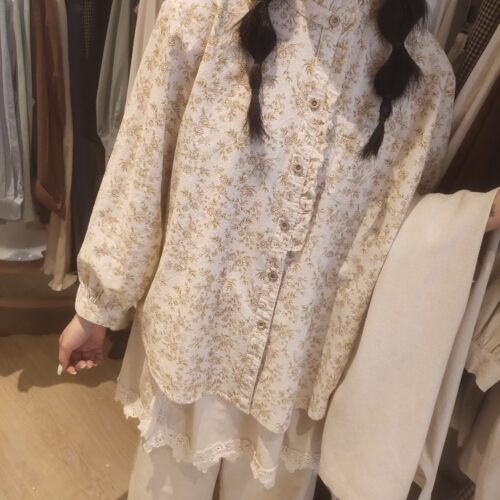 久禾millet春装6185日系花边衬衣长袖印花复古衬衫宽松百搭上衣女