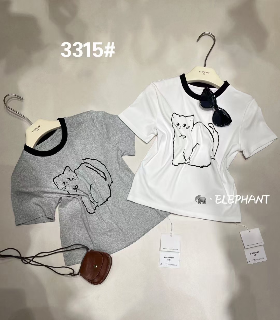 ELEPHANT大象3315#撞色印花猫咪T恤短袖简约时尚百搭夏季女