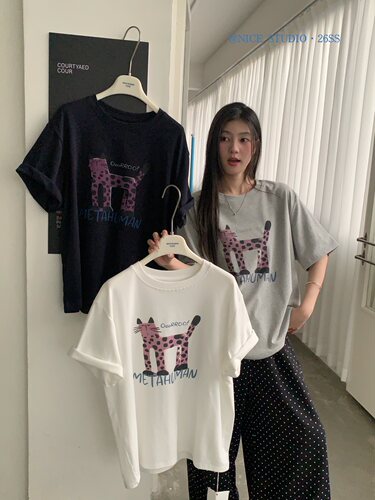 NICE STUDIO奶思家78018设计感半袖大版宽松纯棉短袖圆领正肩T恤